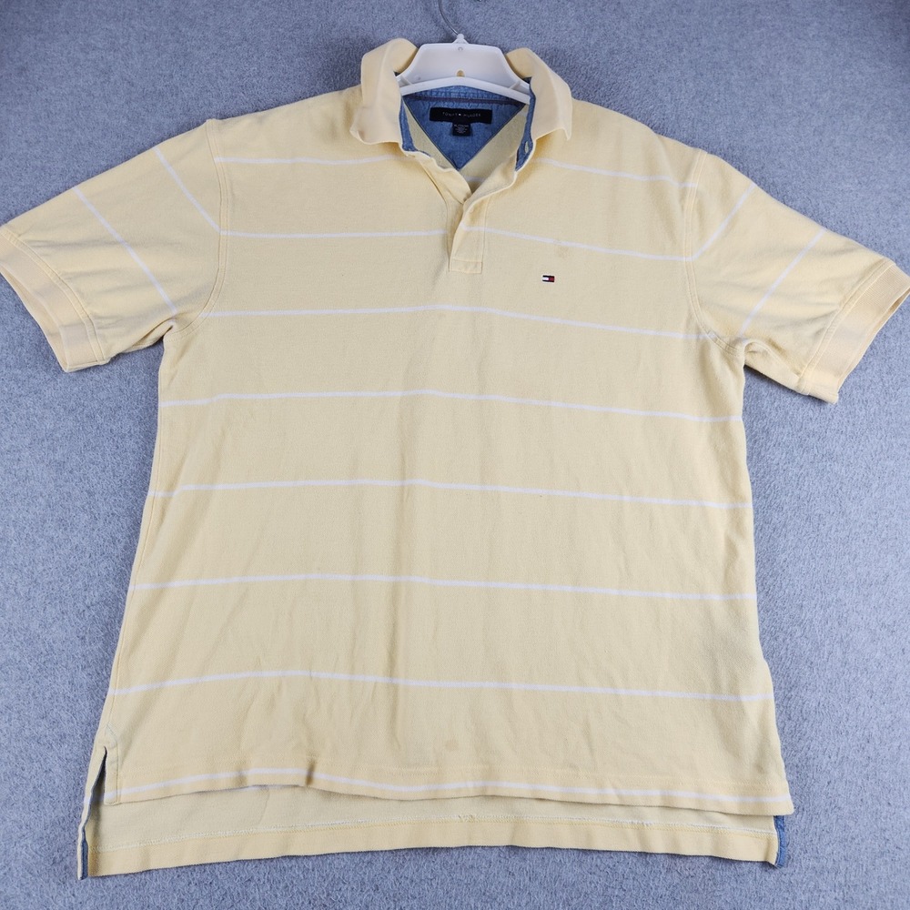 Tommy Hilfiger Polo Shirt Men XL Yellow Striped Short Sleeve Pique High Low Slit